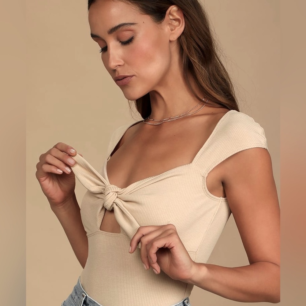 Lulu’s Sweet Darlin’ Beige Ribbed Tie-Front Bodysuit